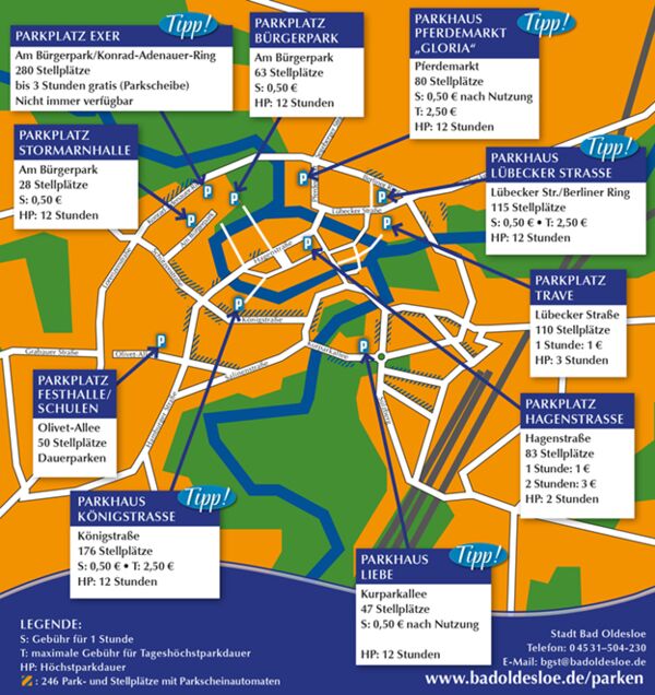 Übersichtskarte über innenstadtnahe Parkmöglichkeiten in Bad Oldesloe